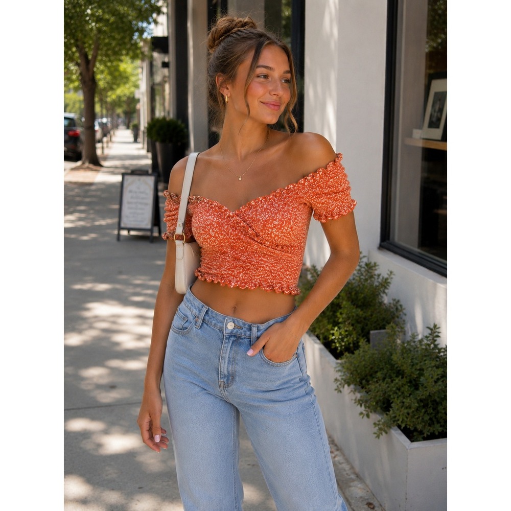 Steve Madden Smocked Crop Top Womens XL Orange Floral Off Shoulder EX Excellent
